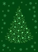 jul träd dekorerad med bollar. Semester dekorativ gran på grön bakgrund. Lycklig ny år vektor illustration.