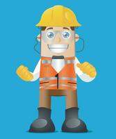 freundlich Baumeister im ein Helm, Handschuhe und schützend Brille. Konstruktion Arbeiter Charakter zum Animation. Vektor Illustration