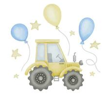 traktor med ballonger vattenfärg illustration. hand dragen klämma konst av agrimotor bil leksak på isolerat bakgrund. för pojke födelsedag eller bebis dusch hälsning kort. skriva ut av lastbil teckning vektor