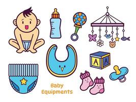 voll farbig Baby Ausrüstungen Vektor Symbol Illustration einstellen Sammlung Gruppe umrissen isoliert auf einfach Weiß Hintergrund. einfach eben Karikatur Kunst gestylt mit Kinder oder Kinder thematisch Zeichnung.