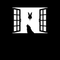 Wolf und fliegend blutig Hase Kopf auf das Fenster Silhouette, dramatisch, unheimlich, Grusel, gruselig, Geheimnis, oder gespenstisch Illustration. Kunst Illustration zum Grusel Film Film oder Halloween Poster Element. vektor