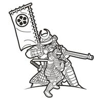 Samurai-Krieger mit Rüstung und Waffen-Cartoon-Grafik-Vektor vektor