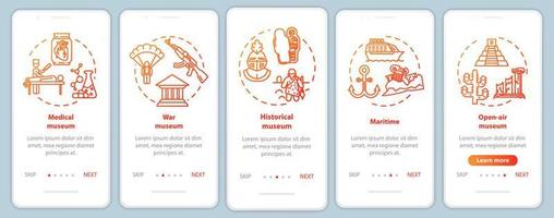 utställning och museum onboarding mobil app sida skärm vektor mall