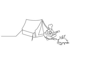 Person Gitarre Natur Lagerfeuer Camping Zelt Aktivität entspannen Lebensstil Linie Kunst Design vektor
