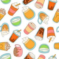 kopp av kaffe sömlös mönster i tecknad serie stil. hand dragen bakgrund kaffe muggar för tyg, tapeter, omslag papper, kort. vektor illustration.