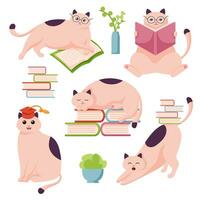 katt karaktär studie platt samling. uppsättning av smart katt tecken läsning en bok. tecknad serie design stil vektor illustration.