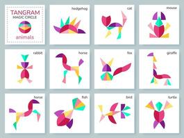 tangram pussel spel för ungar. färgrik geometrisk samling med isolerat djur. magi cirkel. olika ikoner på vit bakgrund. vektor illustration