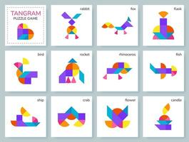 Tangram Puzzle Spiel zum Kinder. bunt geometrisch Sammlung mit isoliert Objekte, Tiere, Transport, Vögel. Tangram Blatt. verschiedene Symbole auf Weiß Hintergrund. Vektor Illustration