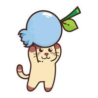 süß bezaubernd glücklich braun Katze Essen Blaubeere Obst Karikatur Gekritzel Vektor Illustration eben Design Stil