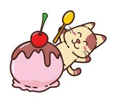 söt förtjusande Lycklig brun katt äta jordgubb is grädde choklad körsbär tecknad serie klotter vektor illustration platt design stil