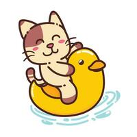 süß bezaubernd glücklich braun Katze und Gelb Ente Gummi Spielzeug schweben Karikatur Gekritzel Vektor Illustration eben Design Stil