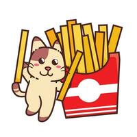 söt förtjusande Lycklig brun katt äta potatis franska frites pinne snabb mat tecknad serie klotter vektor illustration platt design stil