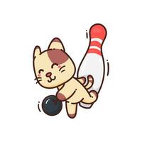 süß bezaubernd glücklich braun Katze Bowling Ball Sport Karikatur Gekritzel Vektor Illustration eben Design Stil