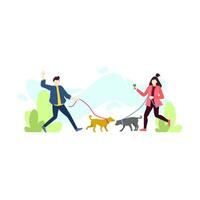 Mann und Frau Gehen mit Haustier Hund Menschen Charakter Vektor Illustration eben Design