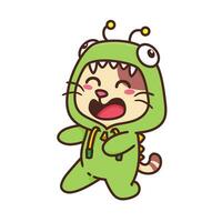 süß bezaubernd glücklich braun Katze Dinosaurier Grün Kostüm Charakter Karikatur Gekritzel Vektor Illustration eben Design Stil