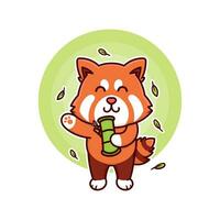 Lycklig röd panda äta bambu förtjusande tecknad serie klotter vektor illustration platt design stil