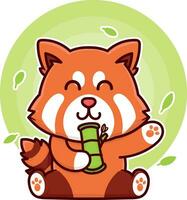 Lycklig röd panda äta bambu förtjusande tecknad serie klotter vektor illustration platt design stil