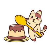 süß bezaubernd glücklich braun Katze Essen Pudding Süss Charakter Karikatur Gekritzel Vektor Illustration eben Design Stil