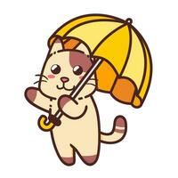 süß bezaubernd glücklich braun Katze und Gelb Regenschirm Charakter Karikatur Gekritzel Vektor Illustration eben Design Stil