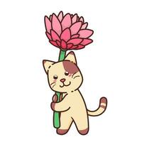 süß bezaubernd glücklich braun Katze und Rosa Blume Chrysantheme Karikatur Gekritzel Vektor Illustration eben Design Stil