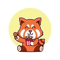 glücklich rot Panda Essen Hähnchen Trommelstock bezaubernd Karikatur Gekritzel Vektor Illustration eben Design Stil
