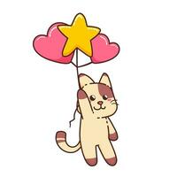 söt förtjusande Lycklig brun katt flyga med stjärna och kärlek ballong tecknad serie klotter vektor illustration platt design stil