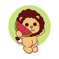 Lycklig söt lejon äta vattenmelon frukt förtjusande tecknad serie klotter vektor