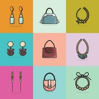 Sammlung von 9 Damen stilvoll Ohrring, Geldbörsen und Halsketten zum Mode Vektor Illustration. Schönheit Mode Objekte Symbol Konzept. einstellen von modisch Frauen Mode Schmuck Zubehör Vektor Design.