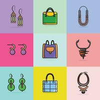 Sammlung von 9 einzigartig Stil Damen Veranstaltung Ohrringe, Handtaschen und Halsketten Vektor Illustration. Schönheit Mode Objekte Symbol Konzept. einstellen von Frauen Mode Schmuck Zubehör Vektor Design.