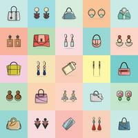 Sammlung von 25 elegant Damen Leder Handtaschen und schön Ohrringe Schmuck Vektor Illustration. Schönheit Mode Objekte Symbol Konzept. einstellen von Frauen Mode Design Zubehör Vektor Design.