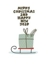 fröhlich Weihnachten und glücklich Neu Jahr. Karikatur gegenwärtig, Schlitten, Hand Zeichnung Beschriftung vektor