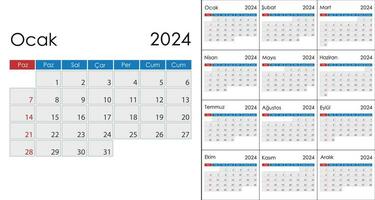 kalender 2024 på turkiska språk, vecka Start på söndag vektor