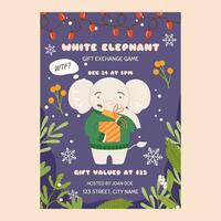 Weiß Elefant Geschenk Austausch Party Spiel Vorlage. komisch mürrisch Charakter im Grün Sweatshirt Wer ist überrascht durch Was er sieht im das Geschenk Kasten. Weihnachten Party vektor