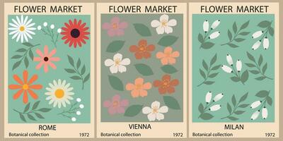 blomma marknadsföra affisch uppsättning. abstrakt blommig illustration. botanisk vägg konst samling, årgång affisch estetisk. modern stil, trendig pastell färger. vektor färgrik illustrationer.