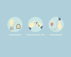 tecken av blod donation, blod socker, glukos nivå testning, mätning blod tryck hypotoni och högt blodtryck, hälsa vård, vektor illustration tecknad serie platt karaktär design logotyp symbol