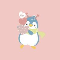 söt och härlig pingvin innehav hjärta, Lycklig hjärtans dag, kärlek begrepp, platt vektor illustration tecknad serie karaktär kostym design