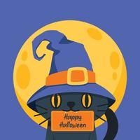 svart katt i häxhatt som håller upp en halloweenhälsning med munnen vektor