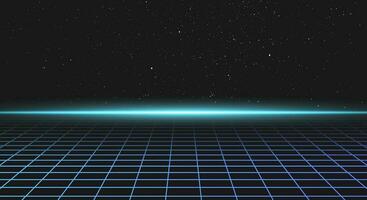 Synthwave Landschaft mit Netz, Strahl von Licht auf das Horizont und Sterne im das Hintergrund. 80er Jahre Galaxis Horizont. Laser- geometrisch 3d Grafik. 90er Jahre entkommen Design. Cyberpunk Schwingungen. futuristisch Neon- Layout. vektor