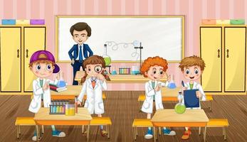 Szene mit Schulkindern, die Chemieexperimente im Klassenzimmer machen vektor