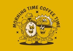 Morgen Zeit, Kaffee Zeit. Maskottchen Charakter von Kaffee Tasse, Alarm Uhr und ein Sonne vektor