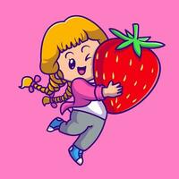 süß Mädchen halten Erdbeere Karikatur Vektor Symbol Illustration. Menschen Obst Symbol Konzept isoliert Prämie Vektor. eben Karikatur Stil