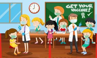 Szene mit vielen Kindern bekommt Covid-19-Impfstoff und viele Ärzte Cartoon-Figur vektor