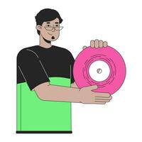 glücklich arabisch Mann präsentieren Vinyl Aufzeichnung 2d linear Karikatur Charakter. tausendjährig Kerl retro Musik- Liebhaber isoliert Linie Vektor Person Weiß Hintergrund. Nostalgie Audio- Farbe eben Stelle Illustration