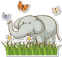süßer Elefant, der auf einer Wiese mit Schmetterlingsaufkleber steht vektor