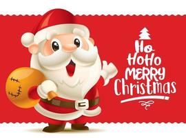 Frohe Weihnachten. süßer weihnachtsmann mit großem rotem schild. frohe weihnachten schriftzug grußkarte vektor