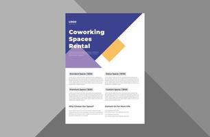 coworking space flyer formgivningsmall. kontor coworking utrymme hyra affisch broschyr design. a4-mall, broschyrdesign, omslag, flygblad, affisch, tryckklar vektor