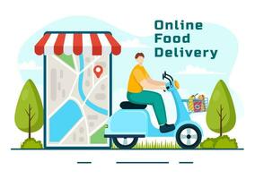 uppkopplad mat leverans vektor illustration med beställa mat på de telefon och den kommer vara levereras enligt till de destination i platt tecknad serie bakgrund