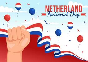 Lycklig Nederländerna nationell dag vektor illustration med nederländerna flagga och himmel blå bakgrund i platt tecknad serie design