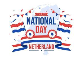 glücklich Niederlande National Tag Vektor Illustration mit Niederlande Flagge und Himmel Blau Hintergrund im eben Karikatur Design