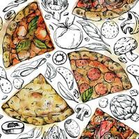 hand dragen vattenfärg bläck illustration. pizza skiva med pålägg, traditionell italiensk kök måltid. sömlös mönster isolerat på vit. design restaurang meny, Kafé, mat affär paket, flygblad, skriva ut. vektor